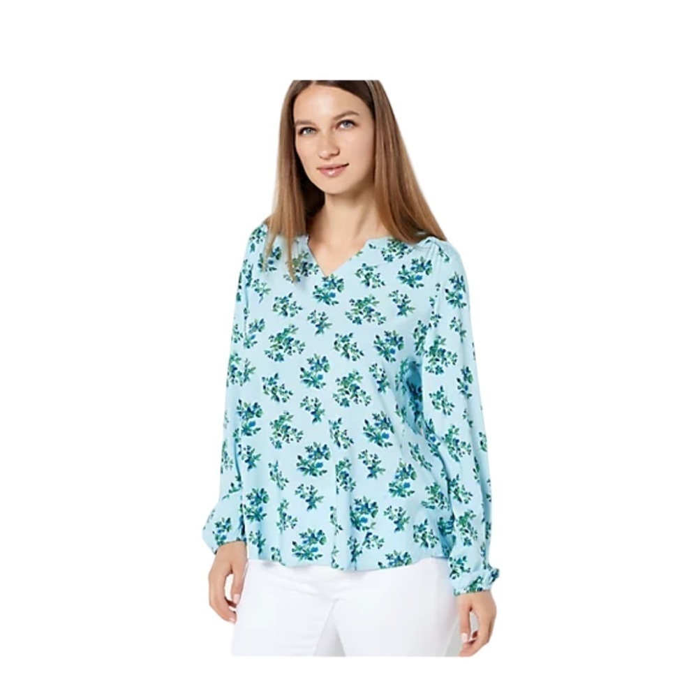 Denim&Co Light Blue Floral V-Neck Blouse